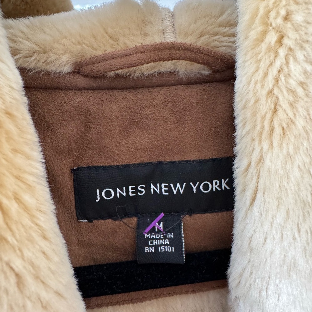 Jones New York Brown Faux Fur Suede Coat w Hood Medium - Picture 6 of 6